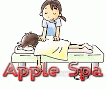 Apple Spa massage spa  Indianapolis Picture of cartoon massage therapist with a female customer covered with a towel receiving back massage.